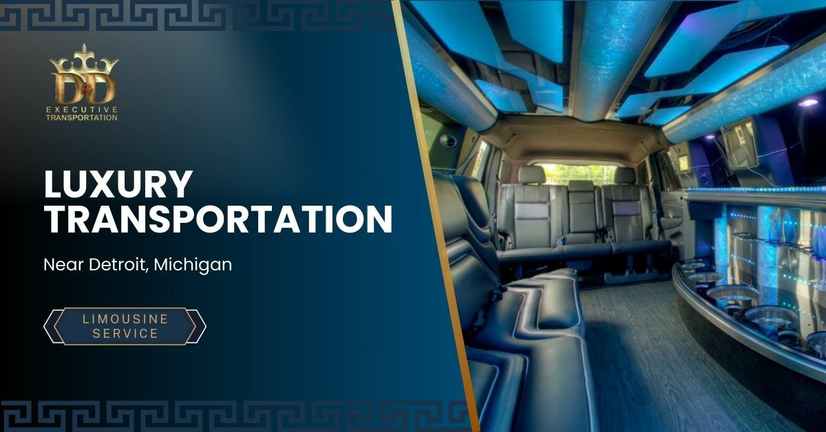 Inside of a Luxury Jeep Grand Cherokee Stretch Limo with Leather Seats, LED Lights on the Ceiling, and A Dry Bar | Luxury Transportation | Limo Service in Detroit, Michigan | D&D Executive Transportation