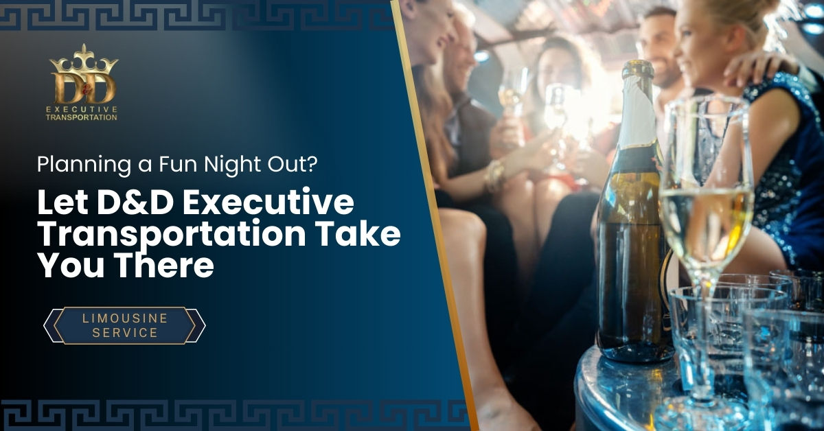 A Bottle of Champagne and Glasses Sitting on A Table with People in a Limo in the Background Having a Good Time | Planning a Fun Night Out? Let D&D Executive Transportation Take You There | D&D Executive Transportation